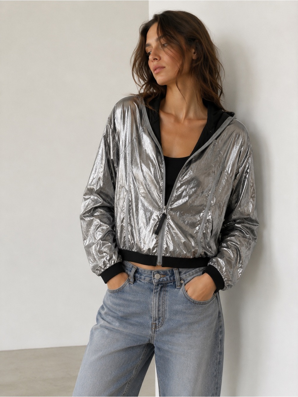 BCBGeneration Metallic Silver Hooded Bomber Jacket with Black Trim Size Medium